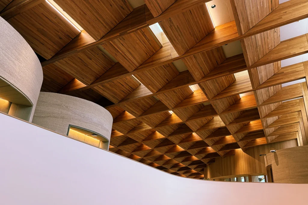 The roof of one of the working spaces inside the Forest building at the University of Tasmania in Hobart
