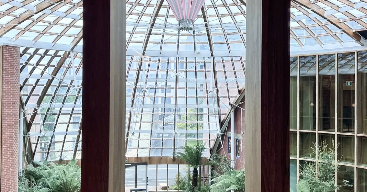 A view from the interior of The Forest, looking out over the entryway underneath a glass dome roof. There are ferns and a pathway leading from the entrance to the interior teaching and learning spaces.